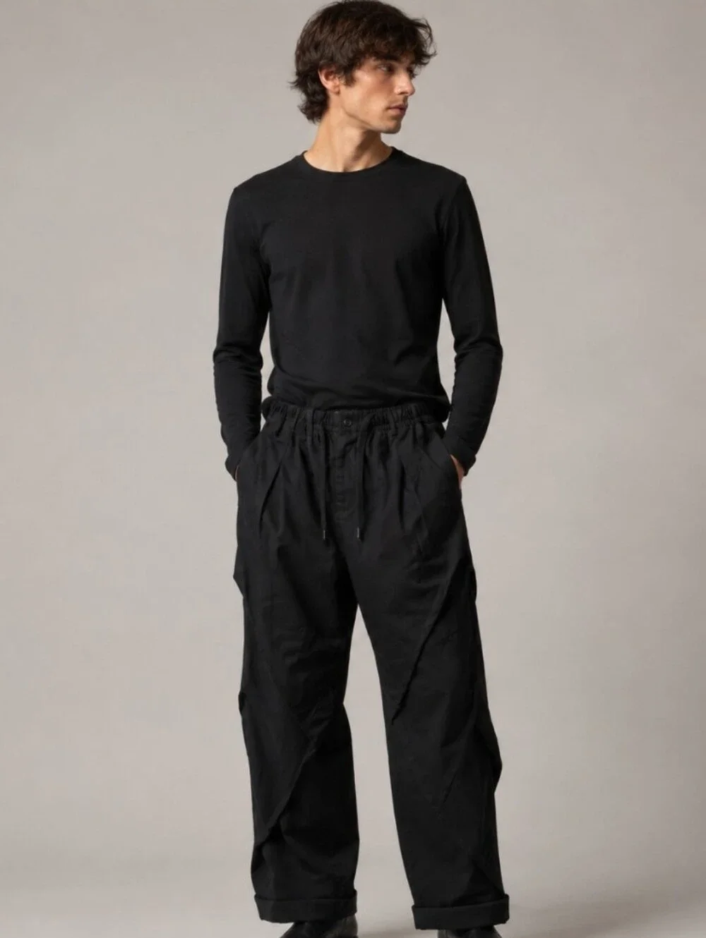 YOHJI YAMAMOTO POUR HOMME BLACK DRAPED LAYERED WIDE LEG PANTS MADE IN JAPAN